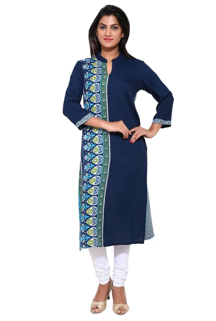 Aaboli Navy Printed Rayon Straight Kurta Aaboli Navy Printed Rayon Straight Kurta