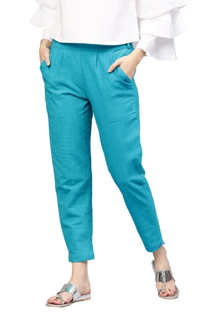 Jaipur Kurti Blue Cotton Slub Pants Jaipur Kurti Blue Cotton Slub Pants