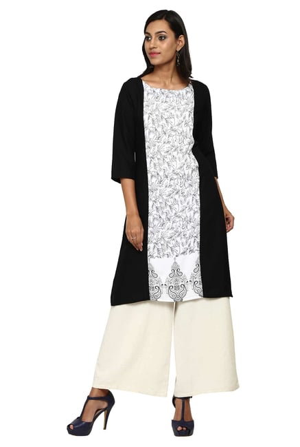 Aaboli Black & White Printed Rayon Straight Kurta Aaboli Black & White Printed Rayon Straight Kurta