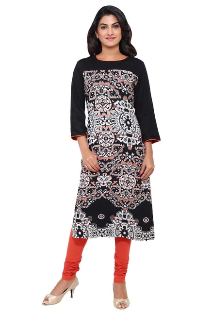 Aaboli Black & White Printed Rayon Straight Kurta Aaboli Black & White Printed Rayon Straight Kurta
