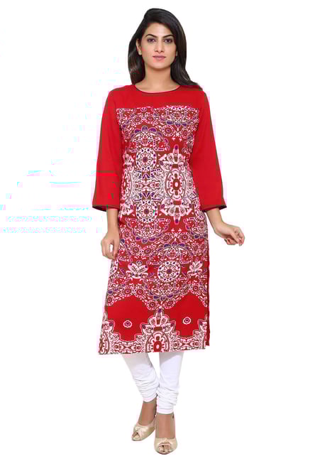 Aaboli Red Printed Rayon Straight Kurta Aaboli Red Printed Rayon Straight Kurta