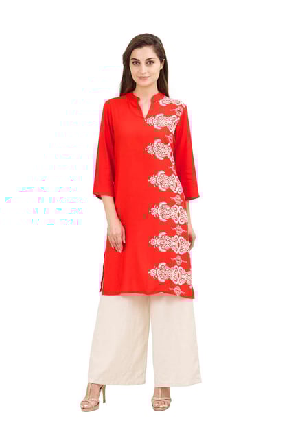 Aaboli Red Printed Rayon Straight Kurta Aaboli Red Printed Rayon Straight Kurta