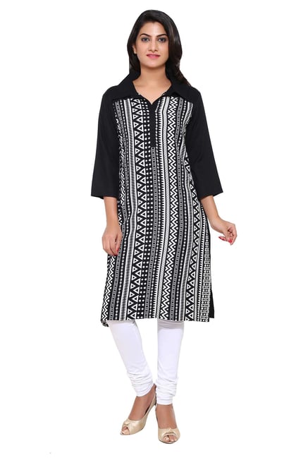 Aaboli White & Black Printed Rayon Straight Kurta Aaboli White & Black Printed Rayon Straight Kurta