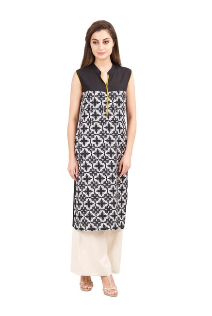 Aaboli Black & White Printed Rayon Straight Kurta Aaboli Black & White Printed Rayon Straight Kurta