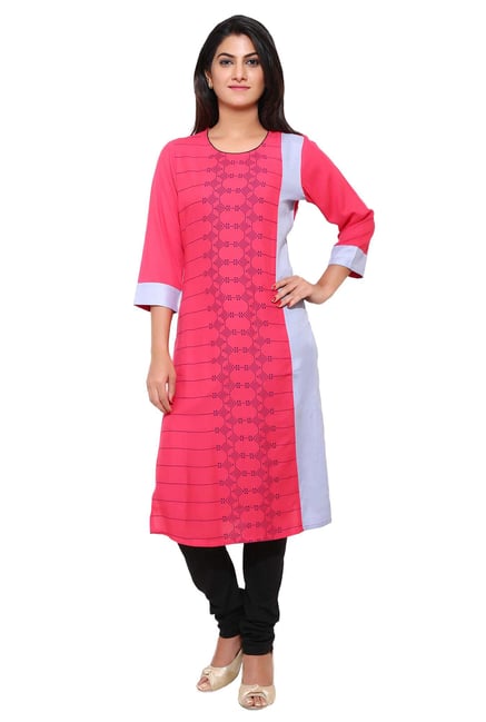 Aaboli Pink & Grey Printed Rayon Straight Kurta Aaboli Pink & Grey Printed Rayon Straight Kurta