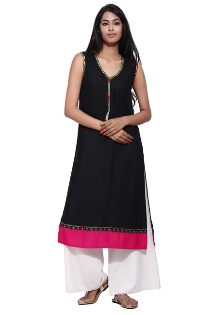 Aaboli Black Sleeveless Rayon Straight Kurta Aaboli Black Sleeveless Rayon Straight Kurta