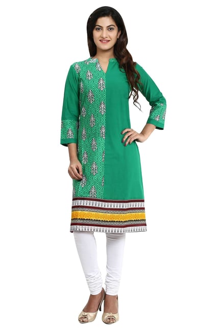 Aaboli Green Printed Cotton Straight Kurta Aaboli Green Printed Cotton Straight Kurta