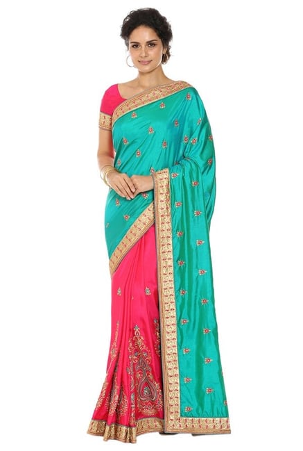 Soch Pink & Green Embroidered Silk Half and Half Saree Soch Pink & Green Embroidered Silk Half and Half Saree