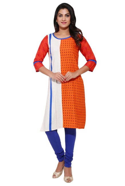 Aaboli Orange & White Printed Cotton Straight Kurta Aaboli Orange & White Printed Cotton Straight Kurta