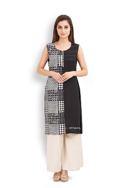 Aaboli Black & White Printed Rayon Straight Kurta Aaboli Black & White Printed Rayon Straight Kurta