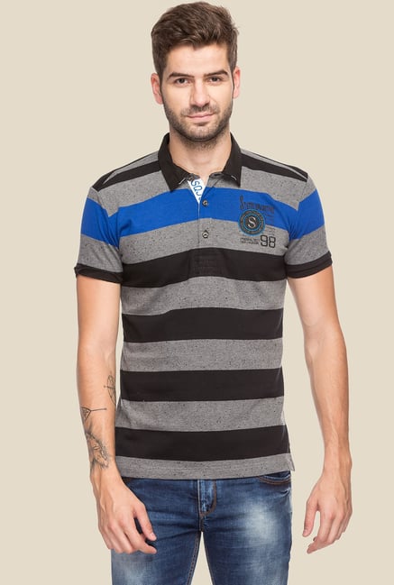 Status Quo Grey & Black Striped Polo T-Shirt Status Quo Grey & Black Striped Polo T-Shirt