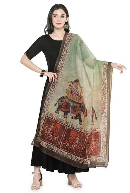 Varanga Green & Beige Printed Silk Blend Chanderi Dupatta Varanga Green & Beige Printed Silk Blend Chanderi Dupatta