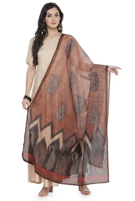 Varanga Brown Paisley Print Silk Blend Chanderi Dupatta Varanga Brown Paisley Print Silk Blend Chanderi Dupatta