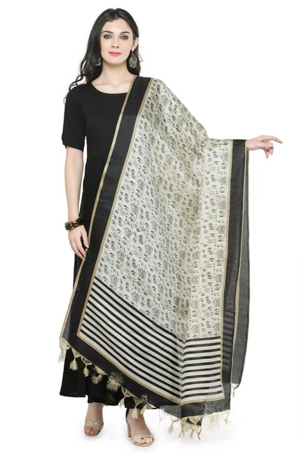 Varanga Beige & Black Printed Art Silk Bhagalpuri Dupatta Varanga Beige & Black Printed Art Silk Bhagalpuri Dupatta