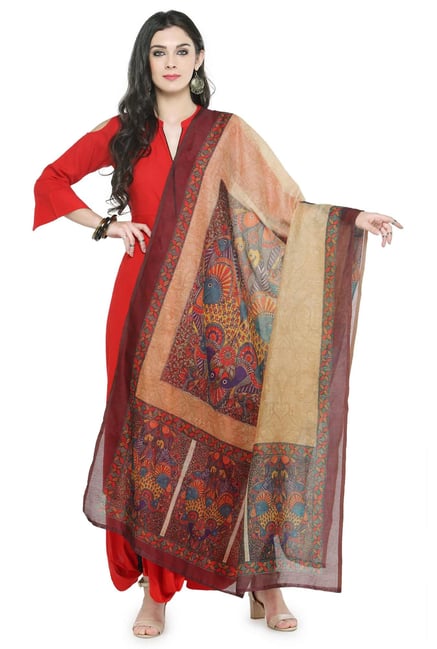 Varanga Beige & Maroon Printed Silk Blend Chanderi Dupatta Varanga Beige & Maroon Printed Silk Blend Chanderi Dupatta