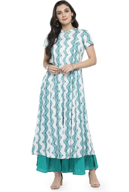 Varanga White & Blue Printed Viscose Rayon Kurta Varanga White & Blue Printed Viscose Rayon Kurta