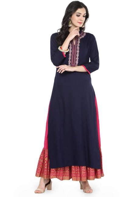 Varanga Navy Printed Viscose Rayon Kurta Varanga Navy Printed Viscose Rayon Kurta