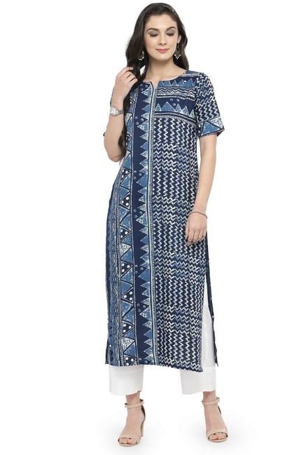 Varanga Blue & Beige Printed Cotton Kurta Varanga Blue & Beige Printed Cotton Kurta