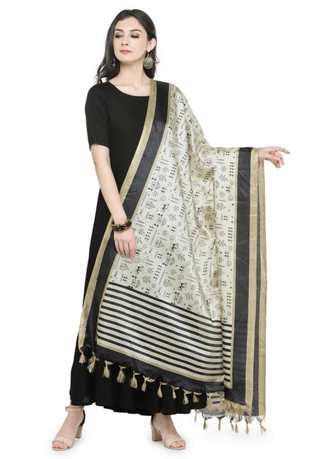 Varanga Beige & Black Printed Art Silk Bhagalpuri Dupatta Varanga Beige & Black Printed Art Silk Bhagalpuri Dupatta