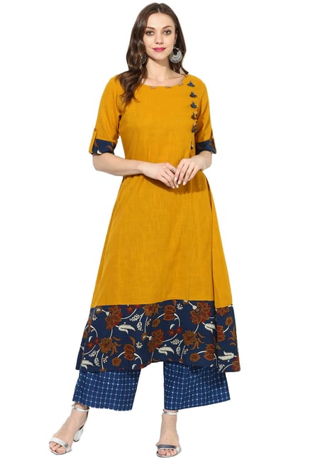 Varanga Mustard Floral Print Cotton Kurta Varanga Mustard Floral Print Cotton Kurta