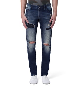 Armani Exchange Denim Indigo Skinny Fit Shredded Knee Patch Jeans Armani Exchange Denim Indigo Skinny Fit Shredded Knee Patch Jeans
