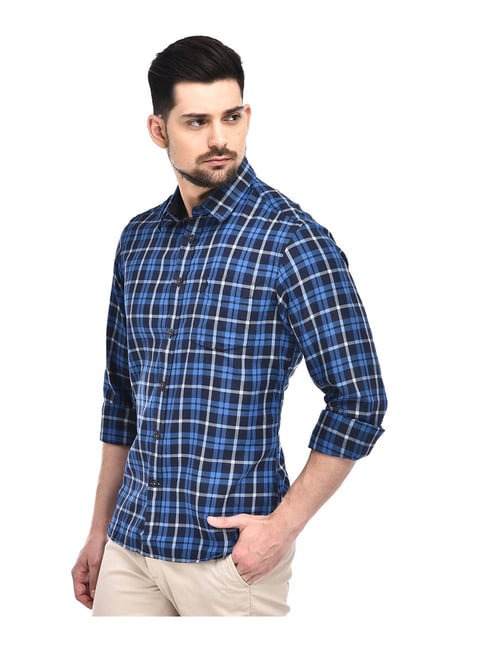 Buy Indian Terrain Blue Slim Fit Check Cotton Shirt For Men S Online