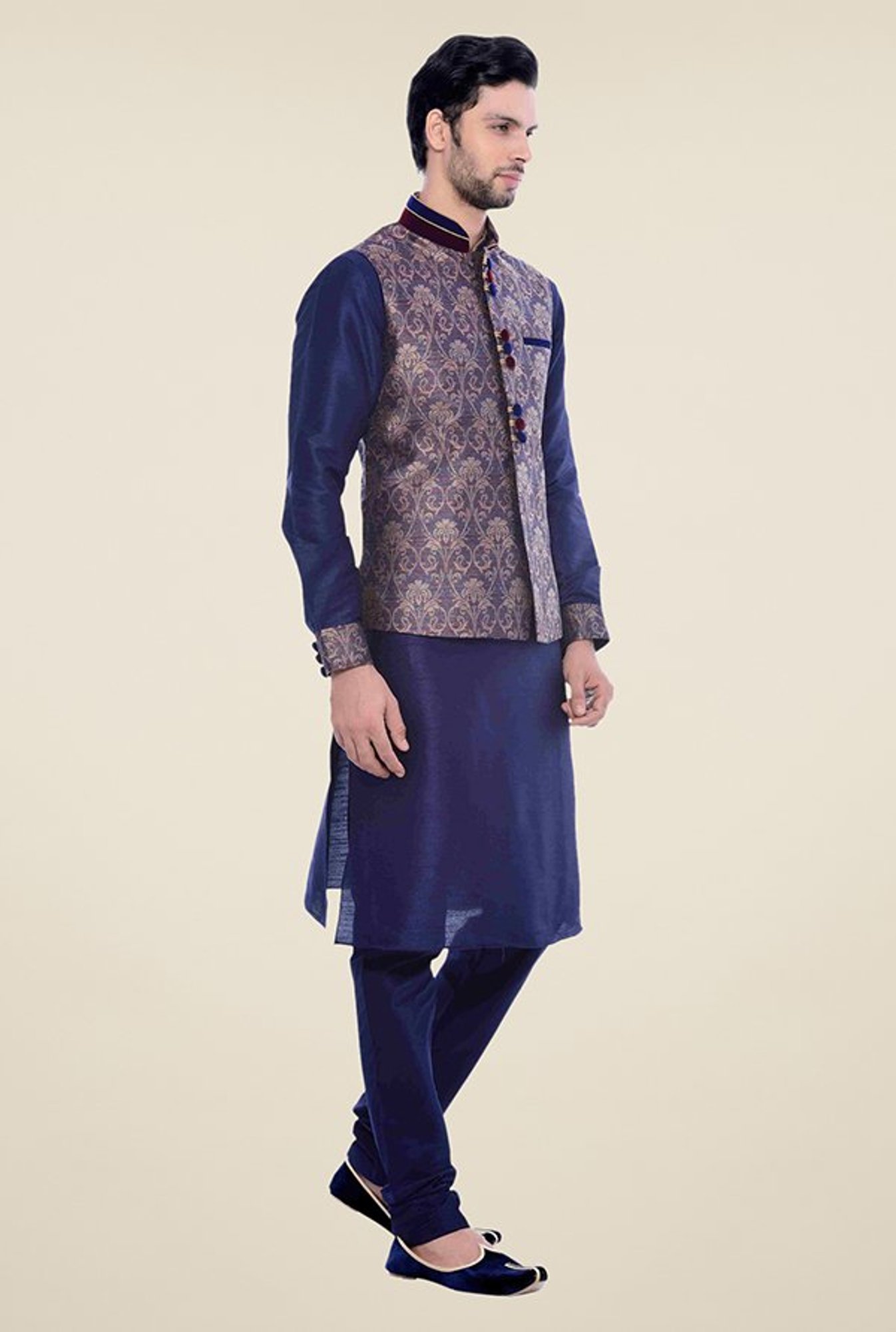 Buy Printed Jacket with Navy Blue Draped Kurta Set Online in the USA @ Manyavar - Kurta Jacket Set for Men