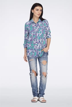Femella Green & Purple Floral Printed Casual Shirt