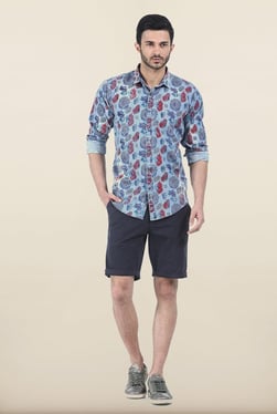 Basics Infinity Blue Indigo Floral Printed Slim Fit Shirt