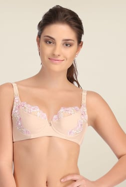 Clovia Beige Lycra Nursing Bra With Embroidered Lace