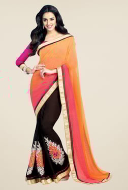 Shonaya Orange & Brown Chiffon Embroidered Saree