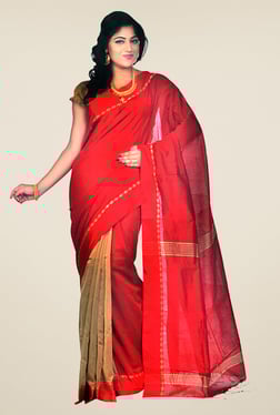 Bengal Handloom Red Cotton Silk Striped Saree