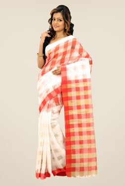Bengal Handloom White & Red Cotton Silk Checked Saree