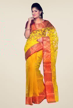 Bengal Handloom Yellow & Red Cotton Silk Jamdani Saree