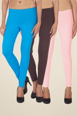 Soie Turquoise, Brown & Baby Pink Solid Leggings (Pack Of 3)