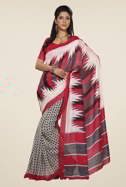 Triveni White & Red Geometric Print Art Silk Saree
