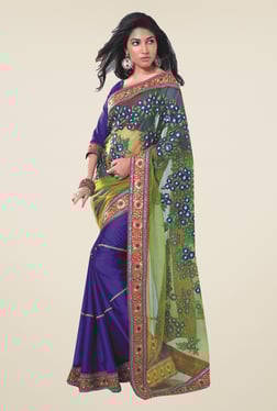 Ishin Blue & Green Faux Georgette & Chiffon Saree