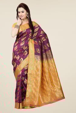 Ishin Purple & Orange Embroidered Poly Silk Saree
