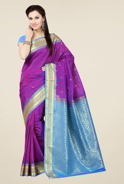 Ishin Purple & Blue Embroidered Poly Silk Saree