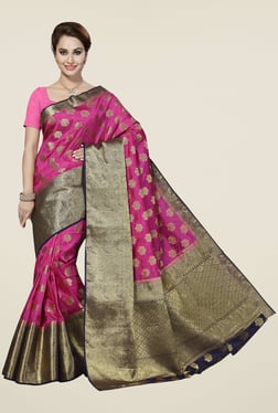 Ishin Pink & Golden Printed Poly Silk Free Size Saree