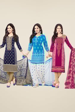 Salwar Studio Navy, Blue & Pink Dress Material (Pack Of 3)
