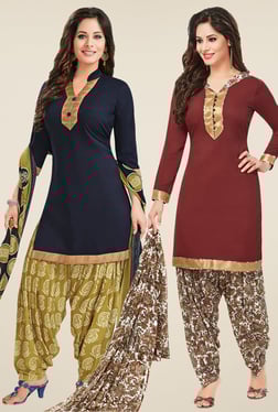 Salwar Studio Navy & Brown Dress Material (Pack Of 2)