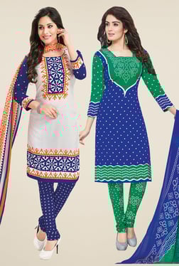Salwar Studio White & Blue Dress Material (Pack Of 2)