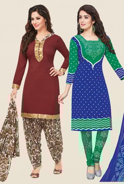 Salwar Studio Brown & Blue Dress Material (Pack Of 2)
