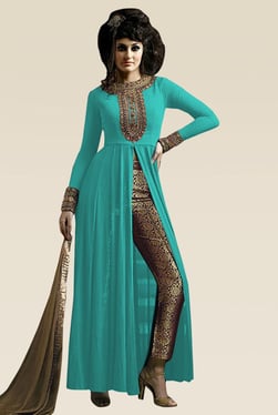 Ethnic Basket Sky Blue Semi Stitched Straight Cut Set