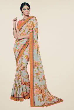 Triveni Grey & Orange Floral Print Art Silk Saree