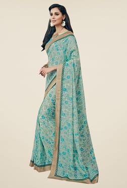 Triveni Grey & Blue Floral Print Art Silk Saree