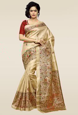 Saree Mall Beige Floral Print Khadi Silk Saree With Blouse