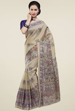 Saree Mall Beige & Blue Printed Khadi Silk Saree With Blouse