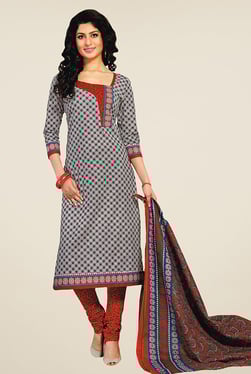 Salwar Studio Grey & Red Checks Cotton Dress Material